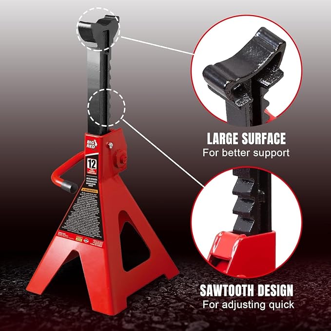 Big RED 12 Ton Jack Stands with Lock Adjustable Height to 28.15'',Heavy-Duty Car Jack Stands Fit for Cars, SUVs, and Most Automobiles, Red, 2 Pack