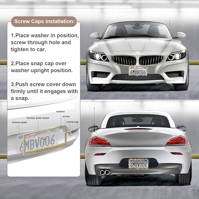 QUANQIUFEI 2 Pack Bling License Plate Frames for Women, Sparkly Rhinestone Diamond Car Accessories with Glitter Crystal Caps (Gold)