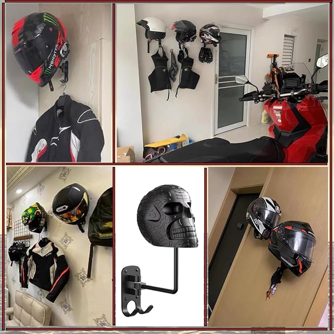 2 Pack Metal Skull Helmet Rack Wall Mount, Motorcycle Helmet Holder 180° Rotation Wall Mount Mount with 2 Hooks for Motorcycle Bike Baseball Rugby Black