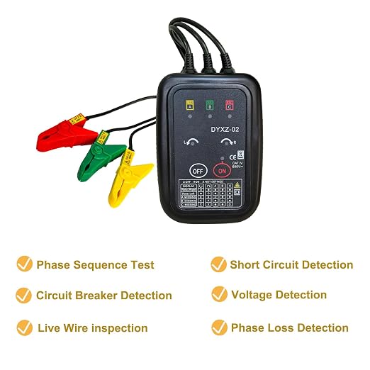 Professional Grade Non-Contact 3 Phase Sequence Tester - 70-600V AC | Phase Rotation & Live Wire Detector | Electrician Tool Kit Essential, 20" Clamps Live Wire & Circuit Break Detector