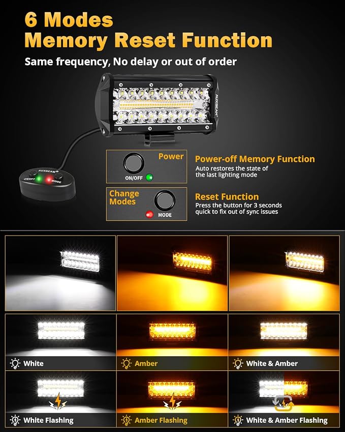 Auxbeam 6 Modes Amber White Series 7-Inch 300W LED Pods Light Bar | Spot flood combo, Dual color, Flashing strobe lights, Memory function, Truck fog lights, for Jeep car motorcycle ATV