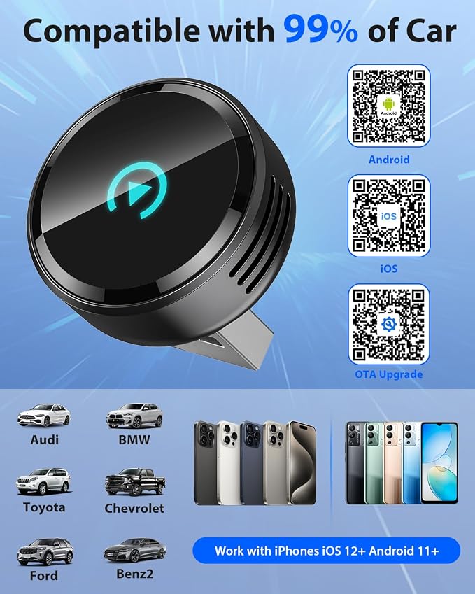 Ultra Mini Circular Wireless CarPlay & Android Auto Adapter, 3-5s Fast Auto Reconnect, Aluminum Alloy Vent Design, 2-in-1 CarPlay Wireless Adapter for iOS & Android with USB A/C Port (Black)