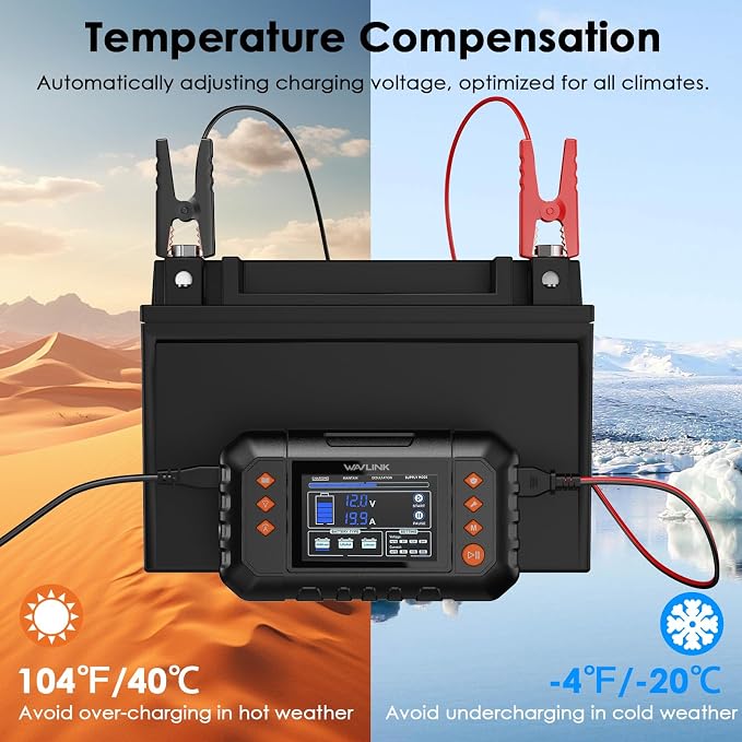WAVLINK 280W Smart Battery Charger, Max. 20A Trickle Charger with LCD Display, for 6V/12V/24V Lead-Acid/Lithium/LiFePO4 Batteries, Battery Maintainer and Desulfurizer for Cars,Boats, Motorcycles