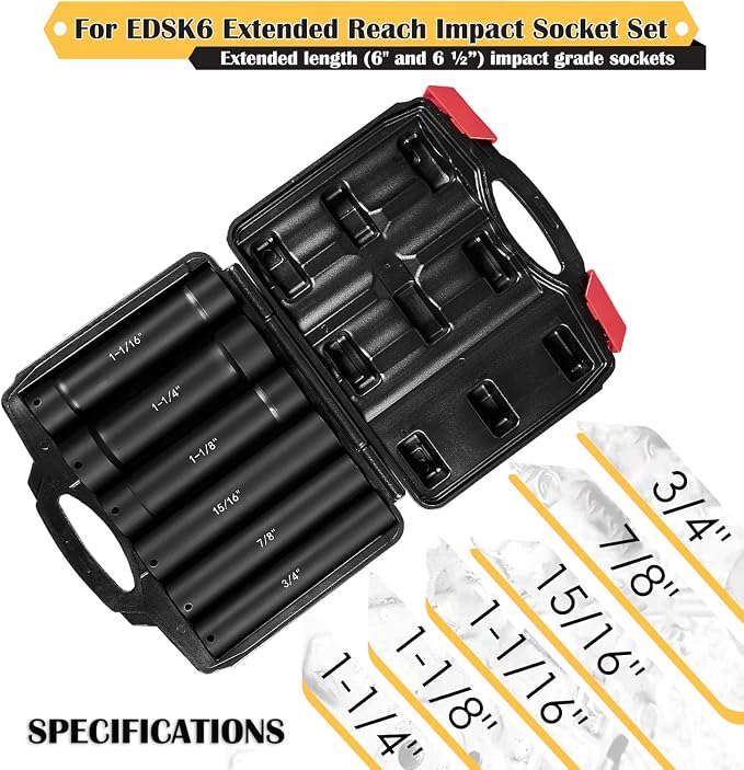 1/2 Inch Drive Extended Length Impact Socket Set 6 Sizes - Hex Sizes 3/4", 7/8", 15/16", 1-1/16”, 1-1/8", 1-1/4"Extra-Deep Length Extra-Deep Impact Set Heavy Duty with Case