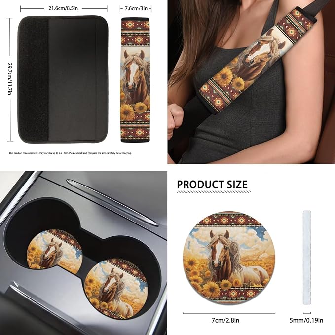 Aztec Horse Sunflower Car Seat Covers Split Seat Cover 11Pcs Horse Car Accessory Interior Full Set with 15Inch Neoprene Steering Wheel Cover Seatbelt Pads Lanyard Keychain Seatbelt Pads