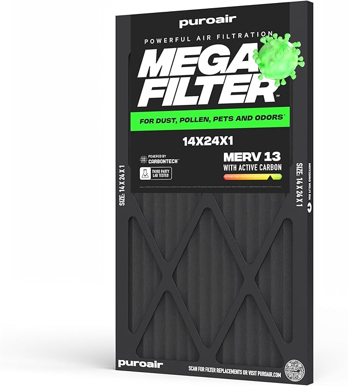 PuroAir MegaFilter - 14x24x1 Air Filter MERV 13 Activated CarbonTech Defense - Heavy Duty 3 Layer Furnace Filters Allergens, Pollen, Dust, Pet Dander, Smoke, Odors - HVAC Air Filter 14x24x1 (1-Pack)