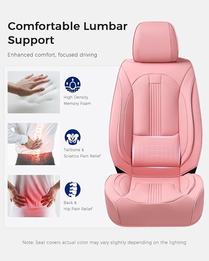 Huidasource Universal Car Seat Cover, Car Seat Cover Set Nappa Leather with Lumbar Support, Side Elastic Fabric, Velcro Adjustable, Airbag, Ventilation, Universal Fit for Most Cars SUV Trucks, Pink