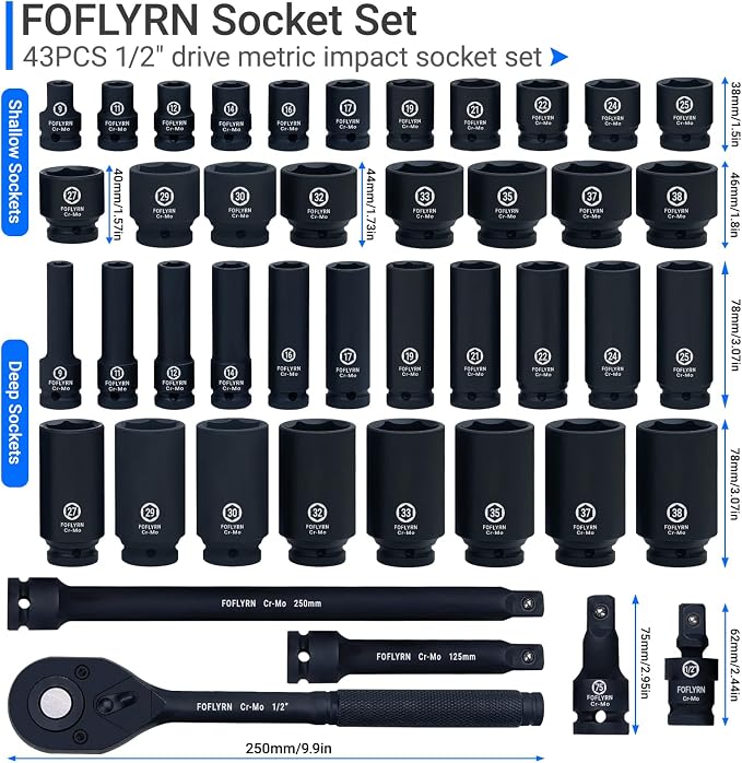 1/2" Drive Impact Socket Set,6-Point Metric Socket Set (9-38mm),43PCS Cr-Mo Material High Durability Deep Socket Set with Ratchet Wrench,Universal Joint，Extension Bar and Storage Case.