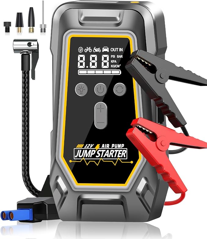 Jump Starter with Air Compressor,Portable Car Battery Booster (8.0 Gas/6.5L Diesel) with 150PSI Auto-Shutoff Tire Inflator,12V Supersafe Lithium Jump Box Car Battery Jumper Starter with LCD Display
