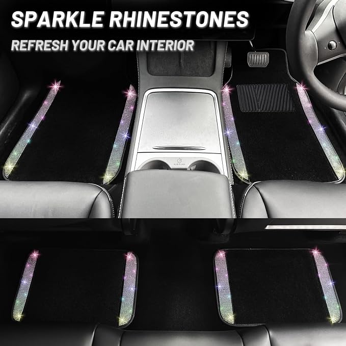 NBTEPEM Multicolor Bling Car Floor Mats Full Set, Universal Fit Most Cars,SUV, Trucks, 4 pcs Sparkle Glitter Diamond Carpet for Women Girls with Anti-Slip Pad (Colorful Diamond)