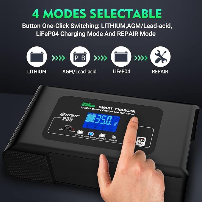 Battery Charger, Smart 0-35A 12V/24V Trickle Charger, Portable Car Battery Charger with 9 Stages of Charging for LiFePO4, Lead-Acid, and Lithium Batteries, with Battery Repair Function