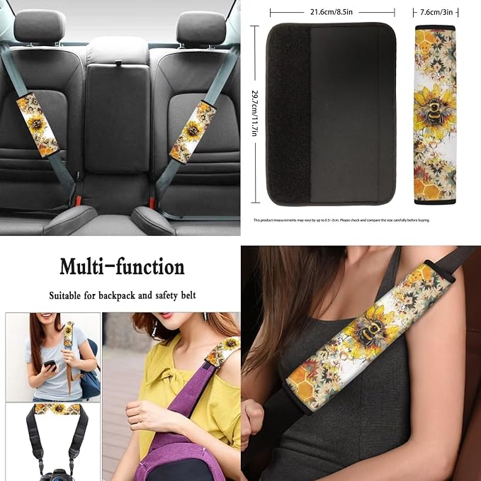 Bee Car Seat Covers 12Pcs Sunflower Bee Auto Seat Protection Accessories Full Set with 15Inch Steering Wheel Covers Seatbelt Pad Keychain Coaster Armrest Pads Vehicle Interior Set