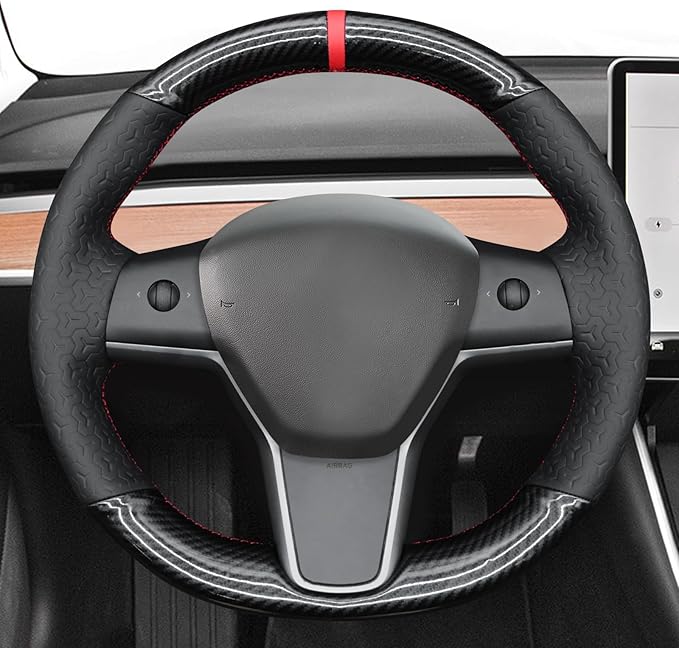 MEWANT DIY Shiny PU Carbon Fiber Geom Embossed Faux Leather Steering Wheel Cover for Tesla Model Y 2023 Model 3 2023