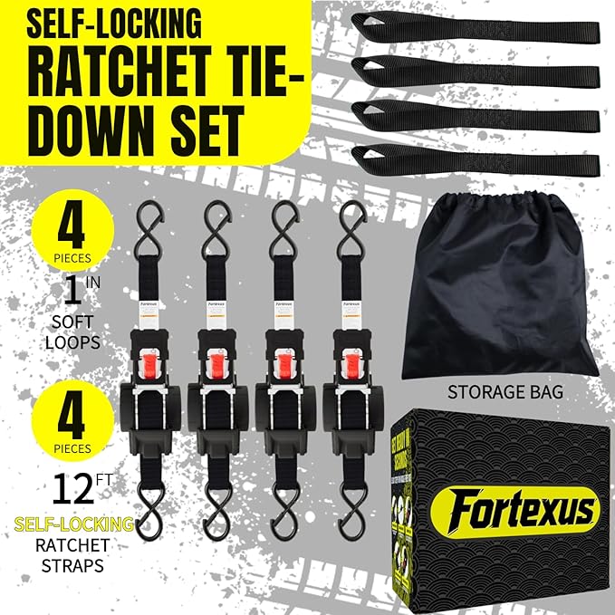 Retractable Ratchet Straps 1'' x 12 ft Tie Downs Automatic Ratchet Straps 1760lb Break Strength for ATV,Trailer,Motorcycle,Scooter,Pickup Truck,UTV,Kayak(Black Red,4 Pack)