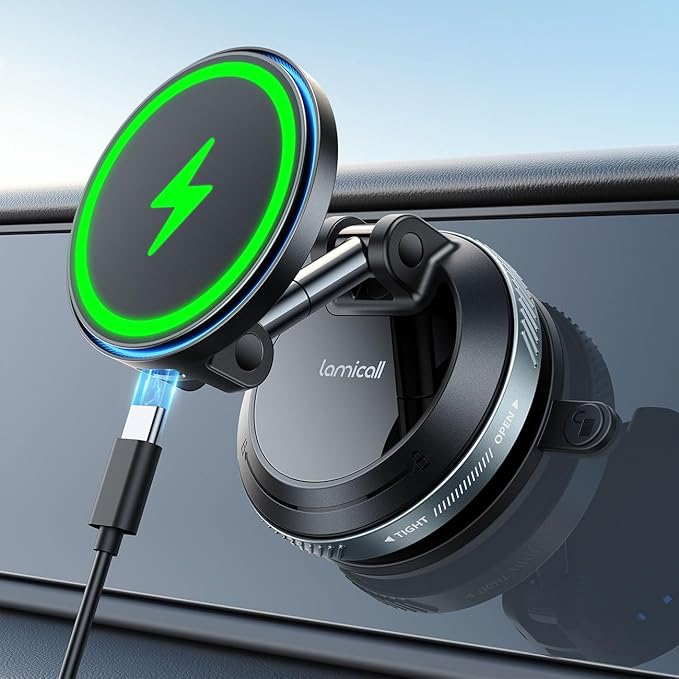 Lamicall 15W for MagSafe Car Mount Charger - [70 LBS Strongest Suction] Magnetic Wireless Car Charger, Suction Cup Phone Mount, Vacuum Magnetic Phone Holder Car Mount for iPhone 17 Pro Max 16 15 14 13
