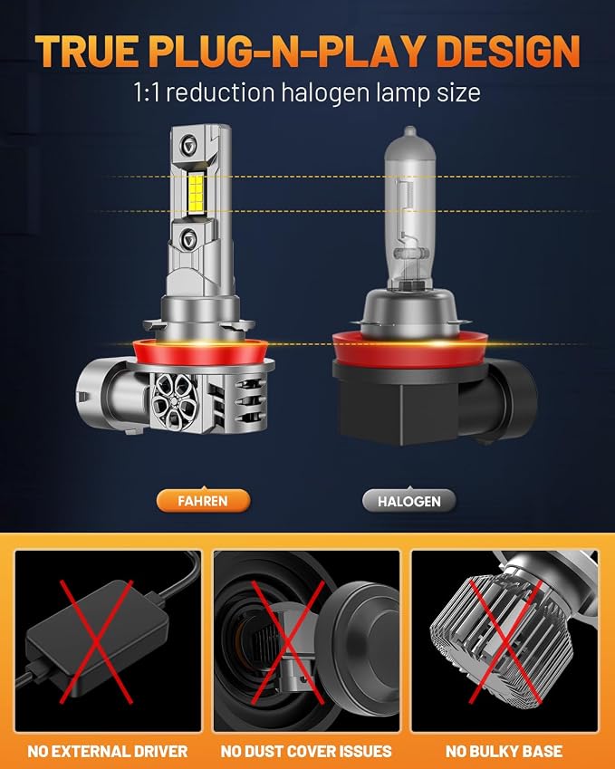 FORENNER Upgraded H11 Light Bulbs, 1200% Brighter 45000LM 6500K White High-Performance H9 H8 Fog Bulb, Non-Polarity Plug and Play, CANbus Ready, Headlight Adjusting Screws Pack of 2
