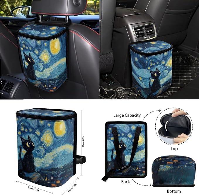 15Pcs Car Seat Cover Full Set Car Steering Wheel Cover Seat Belt Cover Trash Bin Air Vent Storage Box Front Rear View Mirror Car Cup Holder Keychain, Black Cat Starry Night