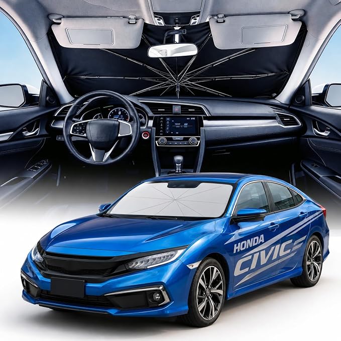 Weektic Custom Windshield Sun Shade Umbrella for Honda Civic Sedan & Hatchback 2012-2021, Double Thickened Ice Crystal Coating Sun & Heat Protection, Keep Vehicle Cool & Protect Interior