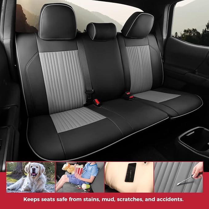 FREESOO Custom Fit for Toyota Tacoma Seat Covers, Front & Rear Fit 2005-2015 Full Coverage Waterproof Leather Automotive Seat Covers, Tacoma Seat Covers Pickup Seat Protector (5 Seats, BlackGrey)