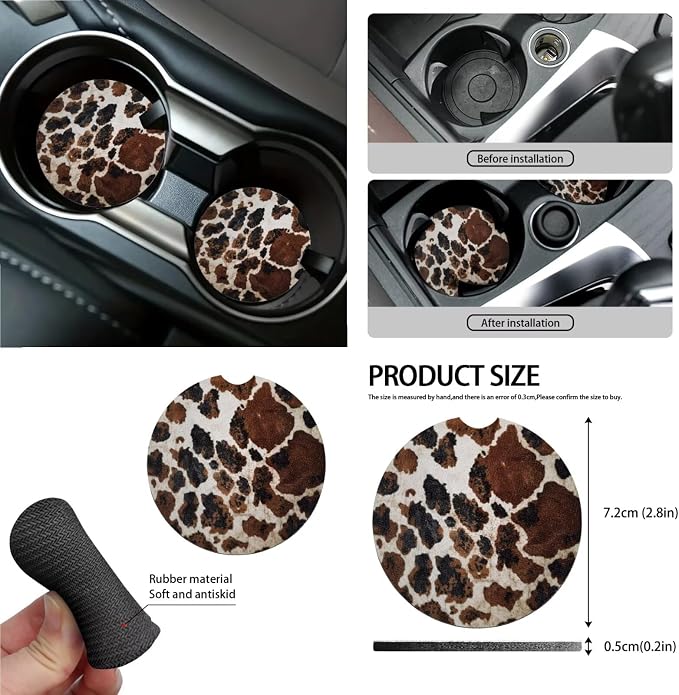 Brown CowPattern Car Accessories Set of 15, Front Rear Seat Covers Protector Steering Wheel Cover Seatbelt Cushion Trash Can Cup Holders Air Vent Storage Bag