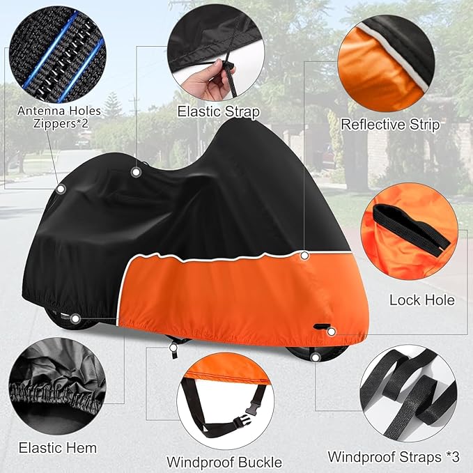 Trike Cover, Waterproof 3 Wheel Motorcycle Cover for Harley Davidson, Honda Goldwing, Kawasaki Trike Accessories, with Windproof Buckle, Reflective Strap, Black&Orange