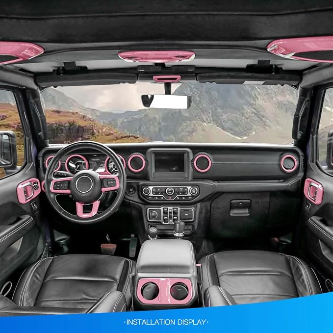 Barong for Jeep Wrangler JL JLU 2018-2023 Accessories Steering Wheel Door Handle Air Conditioning Vent Cup Holder Reading Light Headlight Gear Cover 23PCS Full Set Interior Trim Kit (Pink)