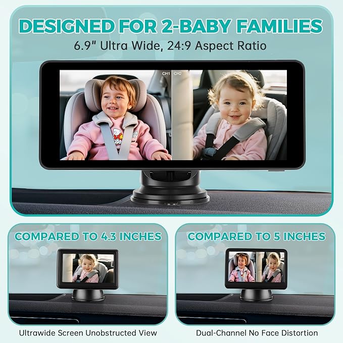 Baby Car Camera for 2 Kids,6.9" Large HD Display Dual Channel Baby Monitor, 1080P IR Night Vision Car Seat Camera,Easy Install Rear-Facing View – Ideal for Kids and Pet Safety