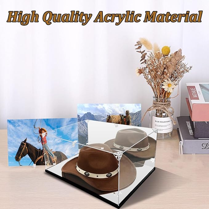 Cowboy Hat Display Case & Protector Box - Dual Mirror - 3mm Clear Premium Acrylic, Dust & UV Proof - Fits Most Hats (16.1" L x 11.8" W x 7.9" H)