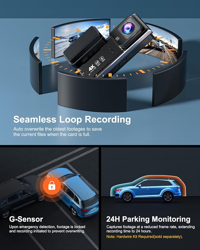 4K Dash Cam Front Rear, Dual Dash Camera for Cars Built in 5GHz/2.4GHz WiFi GPS Dashcam with G-Sensor 24H Parking Monitor Loop Recording WDR Night Vision 170° View Angle APP Control Free 64GB SD Card