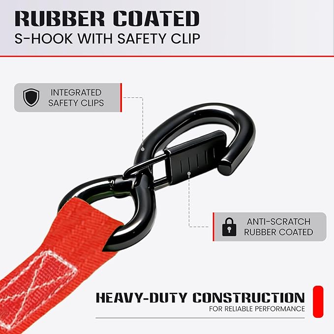 Retractable Ratchet Straps (4-Pack) - Heavy Duty Auto Slow Retraction Tie Down Straps - 1 Inch x 13 Feet (1,800lb Break Strength) for Truck, Cargo Trailer, Motorcycle, ATV, UTV - Red