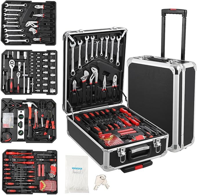 800-Piece Tool Kit with Aluminum Trolley Case, Mechanics Socket Set with Wrenches & Complete Hand Tools, Portable Repair Tool Box for Home, Auto, DIY & Garden Maintenance