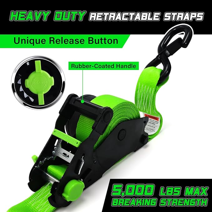 Retractable Ratchet Straps (2pk) -Patented | 1.5 in x 16 ft Heavy Duty Auto Ratchet Straps with Soft Loops | Perfect Automatic Tie Downs for Motorcycle,Kayak and Truck | Break Strength 5,000LBS/2268KG