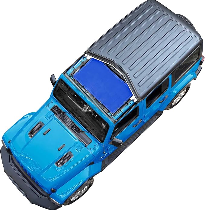 JT JL Top Sun Shade Roof Compatible with Jeep Wrangler and Gladiator 2 or 4 Door 2018 to 2023 Sunshade Sunroof Blocks UV Wind Noise Blue Mesh for Front