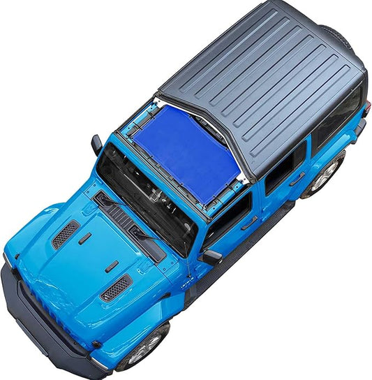 JT JL Top Sun Shade Roof Compatible with Jeep Wrangler and Gladiator 2 or 4 Door 2018 to 2023 Sunshade Sunroof Blocks UV Wind Noise Blue Mesh for Front