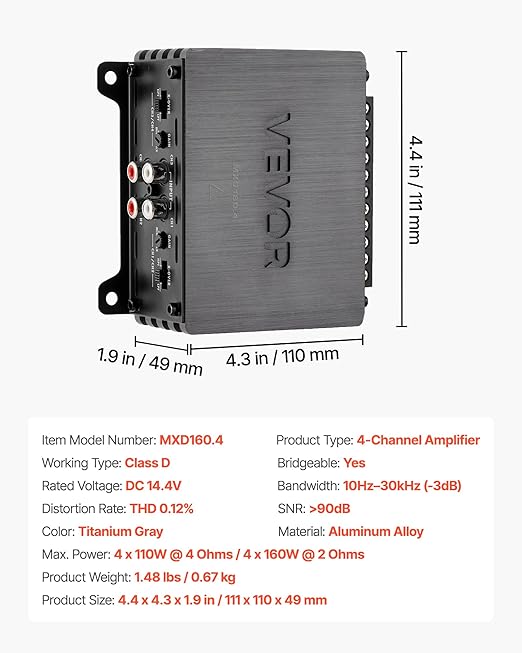 VEVOR 4 Channel Car Audio Amplifier 2 Ohm Stable Bridgeable Class D Full Range Amp Max Power 4 x 110W @ 4 Ohm / 4 x 160W @ 2 Ohm for Car SUV Truck Off-Road
