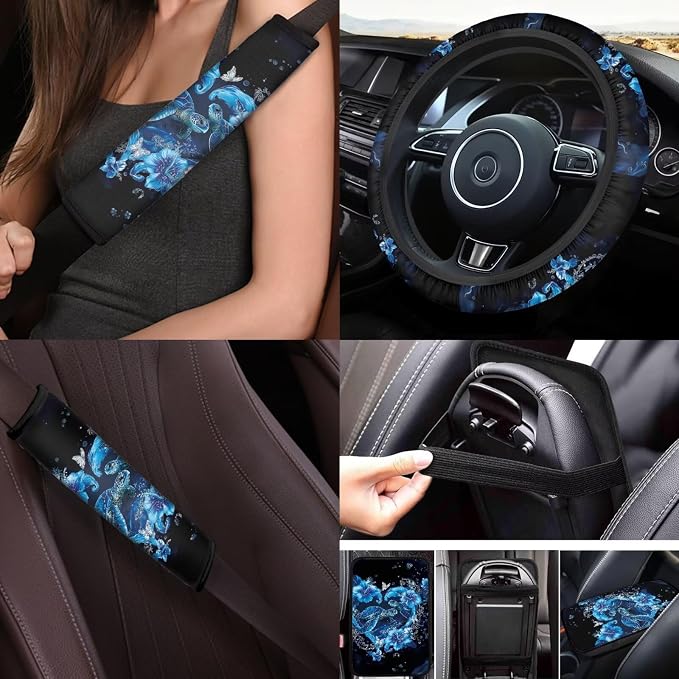 Sea Turtle Car Accessories Set 17 Pack Blue Turtle Car Seat Covers Full Set with Animal Car Mats Full Seat Belt Pads Steering Wheel Covers Car Seat Accessory Protector for Women Man