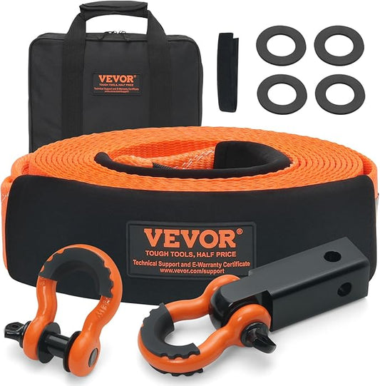 VEVOR Polyester Heavy Duty Tow Strap Recovery Kit 3" x 30 ft (MBS-36,000 lbs) Winch Strap, Triple Reinforced Loop, Snatch Strap + 2" Shackle Hitch Receiver + 3/4" D-Ring Shackles (2PCS) + Storage Bag