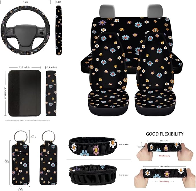 12 Pcs Flower Car Seat Covers for Women,Colorful Groovy Flowers Auto Steering Wheel Cover Protector,Hippie Floral Coaster,Keychain,Shoulder Seatbelt Pad,Comfy Handbreak Gear Shift Accessories