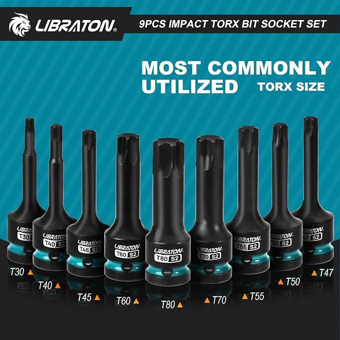 LIBRATON Impact Torx Bit Socket Set, 1/2" Drive, S2 Steel, 9PCS Impact Star Bit Socket Set (T30-T80), High Impact Torx Sockets, XPE Storage, Professional Mechanic and Automotive Repair