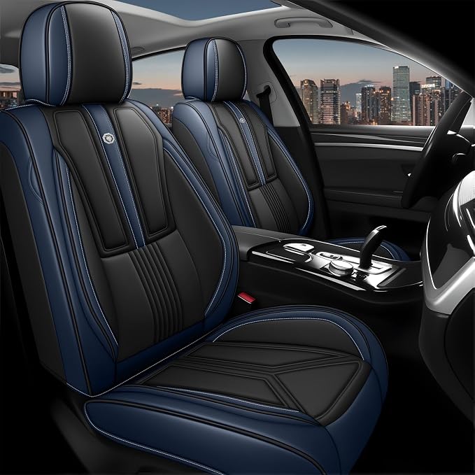 Arazi Fit for 90% of Mercedes-Benz Seat Covers, 360° Full Wrap Original Seat Cover, Waterproof Nappa Leather Seat Covers with Big Space Storage Pocket Seat Protector（5 Seats Standard, Black&Blue）