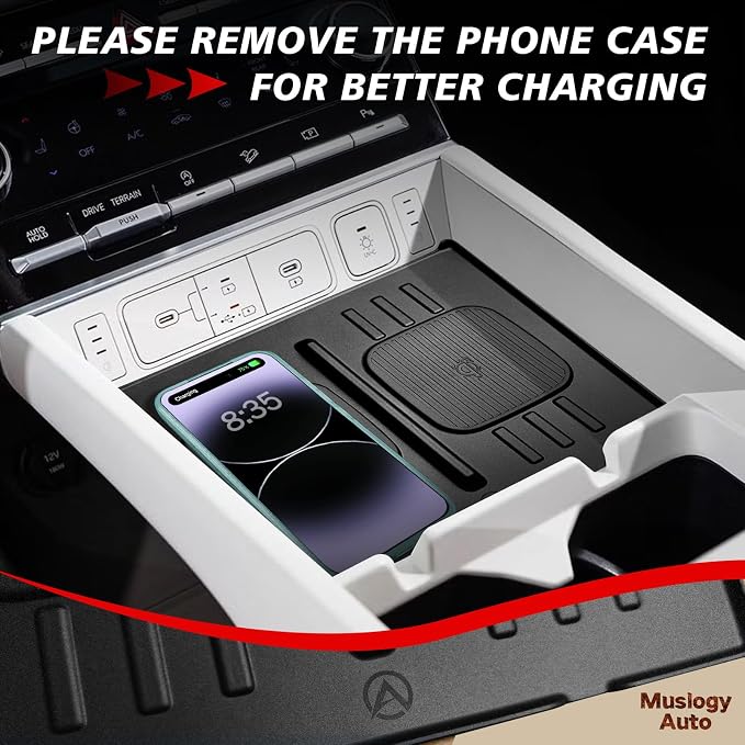 Muslogy Console Organizer Compatible with 2024 2025 2026 Hyundai Santa Fe Accessories Middle Console Storage Box Phone Pockets & Wireless Phone Charging Mat Silicone Protection