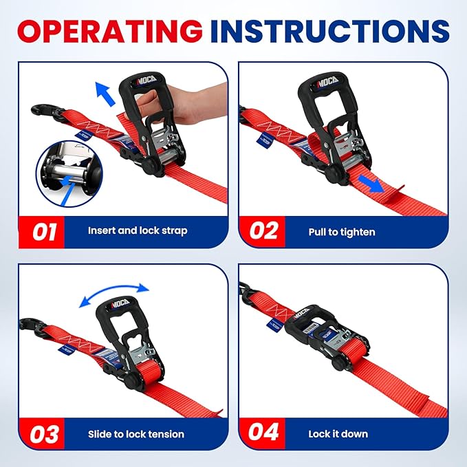 MOCA Red Heavy Duty Ratchet Tie Down Straps - 5200 Lbs Breaking Strength 1.6" x 8', Includes 4 Heavy Duty Ratchet Padded Handles & Coated Chromoly S Hooks & 4 Soft Loop Tie-Downs