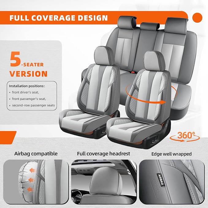 5-Seater Car Seat Covers Full Set Waterproof and Breathable Nappa Leather, Fit for Front and Rear Seats of Cars, Compatible with Airbags, Car Seat Protector Covers for Most Cars - Light Gray