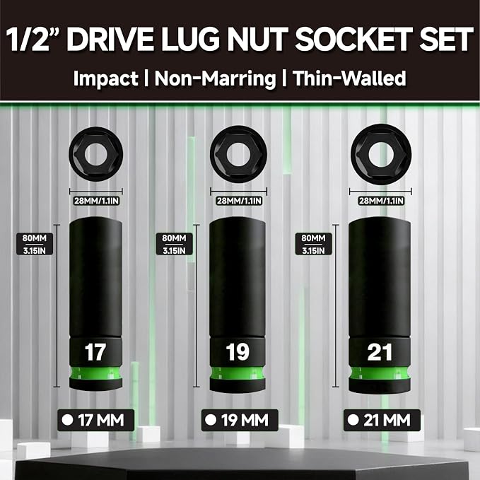Lug Nut Socket Set, 3-Piece 1/2-inch Drive Thin Wall Impact Socket Set for Wheel Nuts, Metic 17 19 21mm Non-Marring Wheel Protector Removal Tool, Cr-Mo Steel, PTM02003