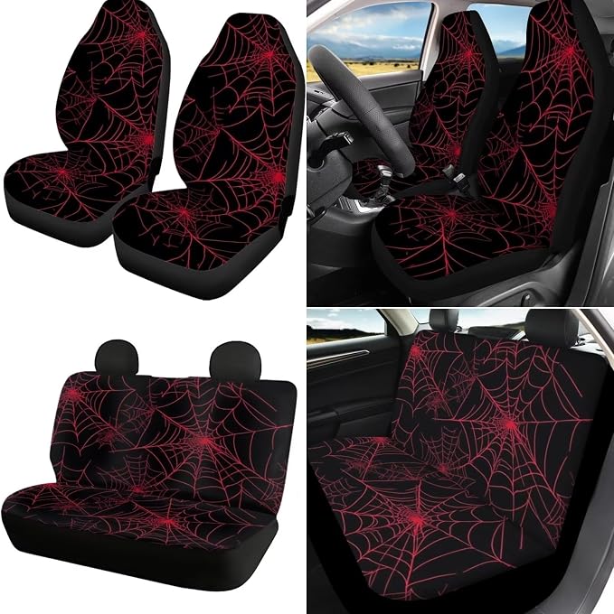 18Pcs Spider Web Auto Seat Cover Full Set Car Steering Wheel Protector+Handbrake Cover+Armrest Cushion+Seat Belt Cushion+ Headrest Protector+Car Coaster+Keychain,Red