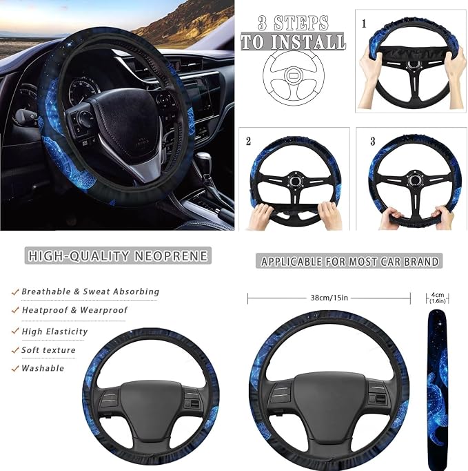 AFPANQZ Blue Sea Turtle Car Accessories Set 11pcs with Steering Wheel Cover, Car Seats Covers, Seat Belt Pads Gear Shift Knob Handbrake Cushion Car Cup Holder Coaster