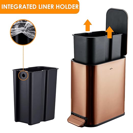 RED FACTOR Slim Small 1.3 Gallon Stainless Steel Pedal Trash Can with Soft Close Lid for Narrow Spaces – Wastebasket Bin with Removable Inner Bucket for Bathroom, Kitchen, Bedroom, or Office (Copper)