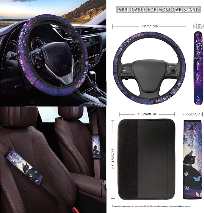 Cat Butterfly Print Full Set Car Seat Covers with Accessories for Women, Including Car Front Rear Seat Covers Steering Wheel Cover Safety Belt Pads Garbage Bag etc, Purple