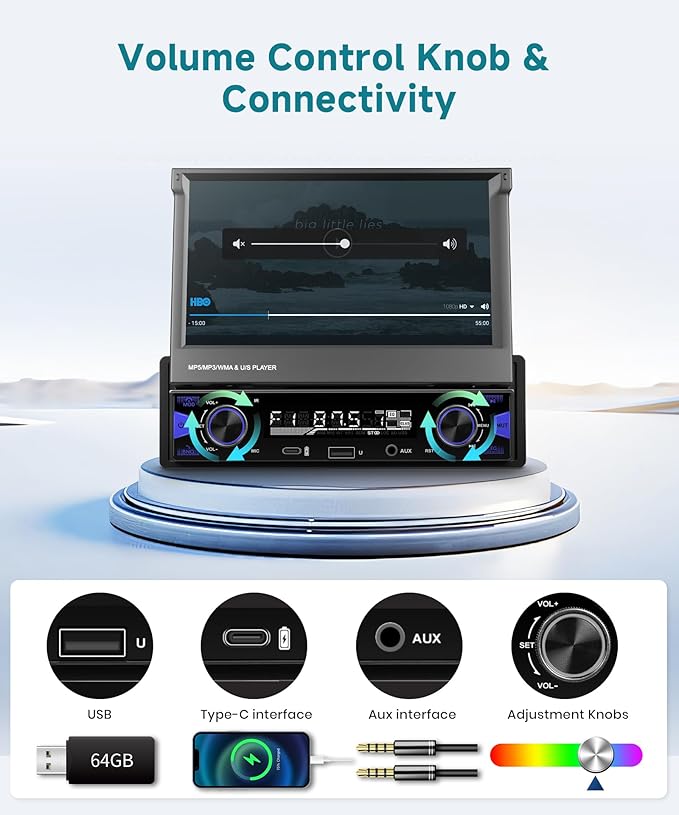 Single Din Flip Out Touchscreen Radio with AM/FM/RDS Wireless Carplay & Android Auto, Sellrich 7" Single Din Flip Out Touchscreen Car Stereo with BT SWC Backup Camera Mirror Link USB/AUX/Type-C