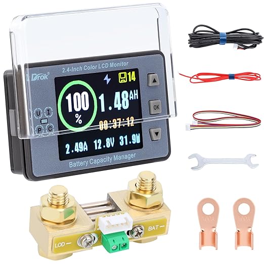 DROK Coulometer, DC 8-100V 100A Battery Monitor 12V 24V 36V 48V 60V Volt Amp Watt Meter, 2.4 inch LCD Color Screen Capacity Percentage Time Power Voltmeter Ampmeter for RV Solar Panel Battery Charge